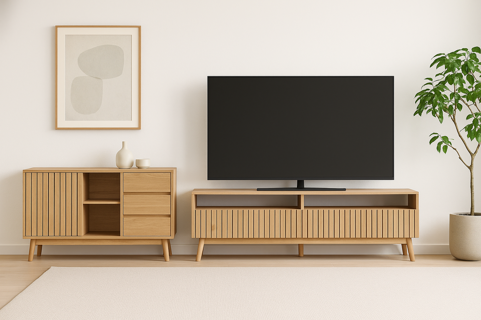 Salón con mueble de tv y aparador con puertas correderas de la colección Kivole