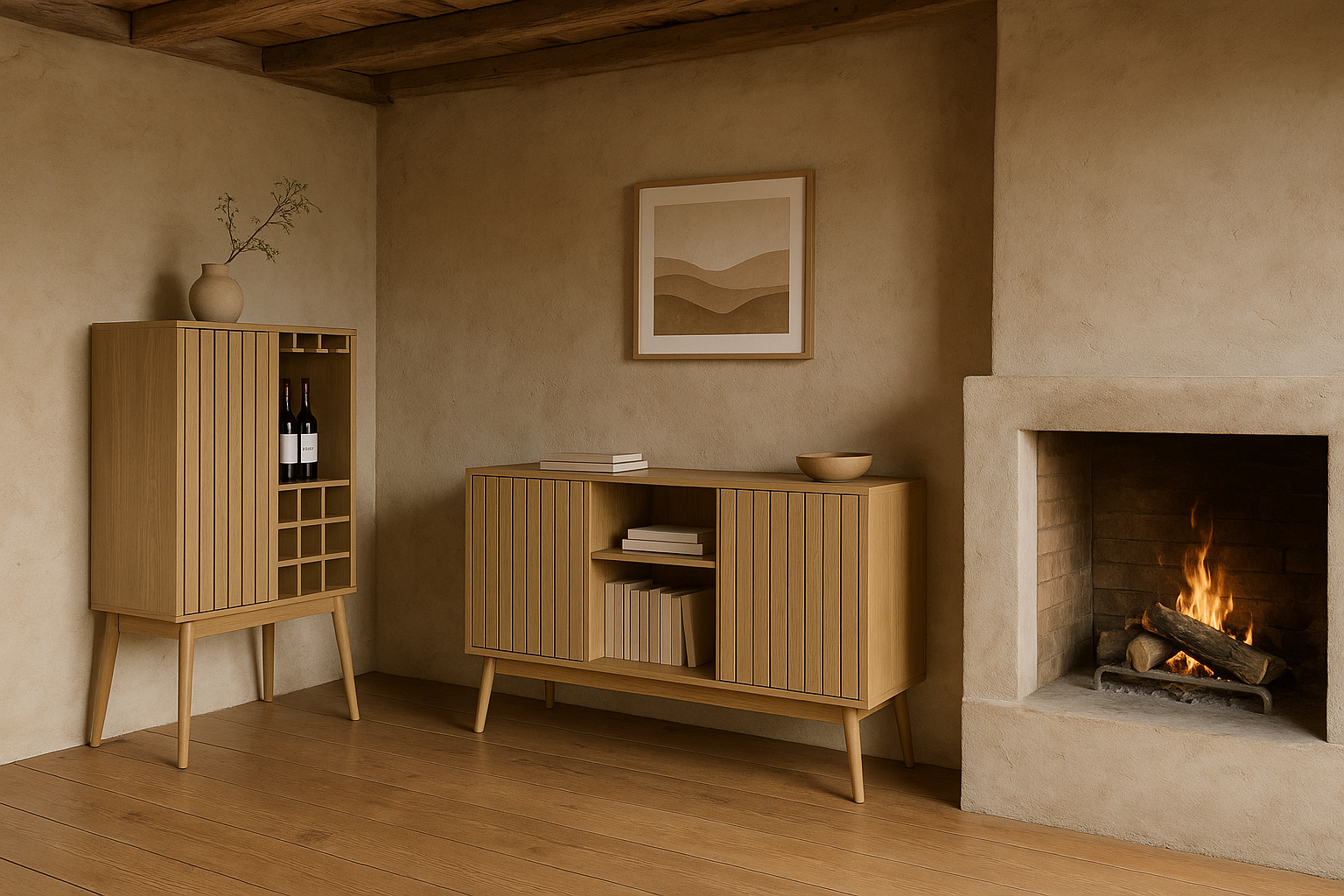 Ambiente de comedor con chimenea, con 2 muebles de la colección Topic de Kivole